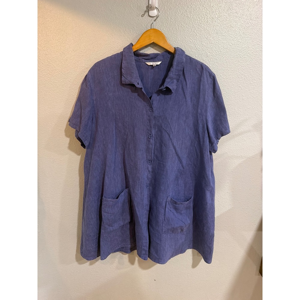 Kleen 100% Linen Button Down Tunic Women 1X Blue Short Sleeve Pocket Resort